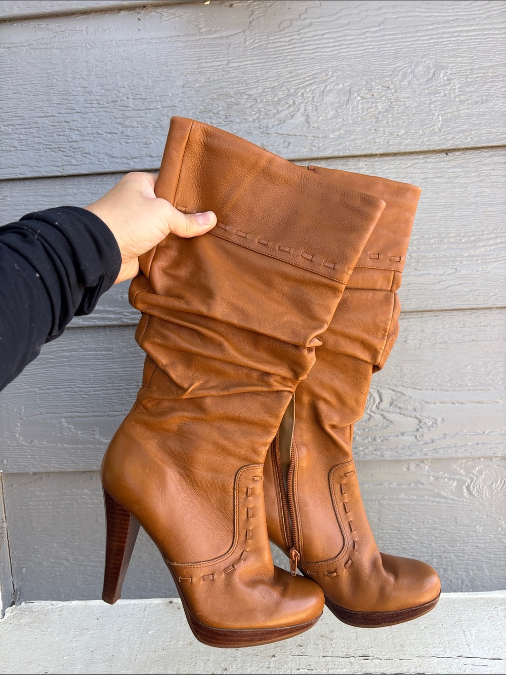 Nine West Cognac Slouch Leather High-Heel Boots